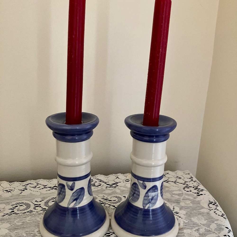 Pair of Pfaltzgraff vintage blue and cream flora candlestick holders